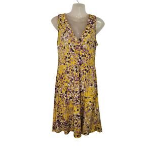 Elegance Yellow Printed Faux Wrap Sleeveless Casual Midi A-Line Dress Small